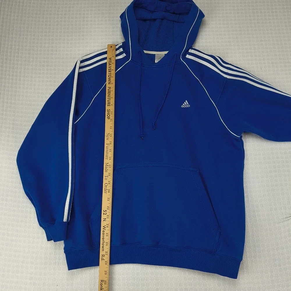 Adidas Mens Large Blue 3-Stripes Raglan Pullover Hoodie Sweatshirt Vintage Style